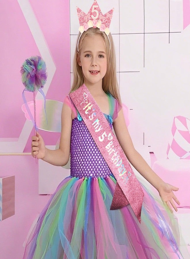 SuPoo 5th Birthday Decorations for Girl Pink Bow 5th Birthday Sash and Headband Crown for Girls Glitter Hair Band for Party 5 Year Old Flower Princess Tiara Hair Accessory Outfit Gift - Image 2